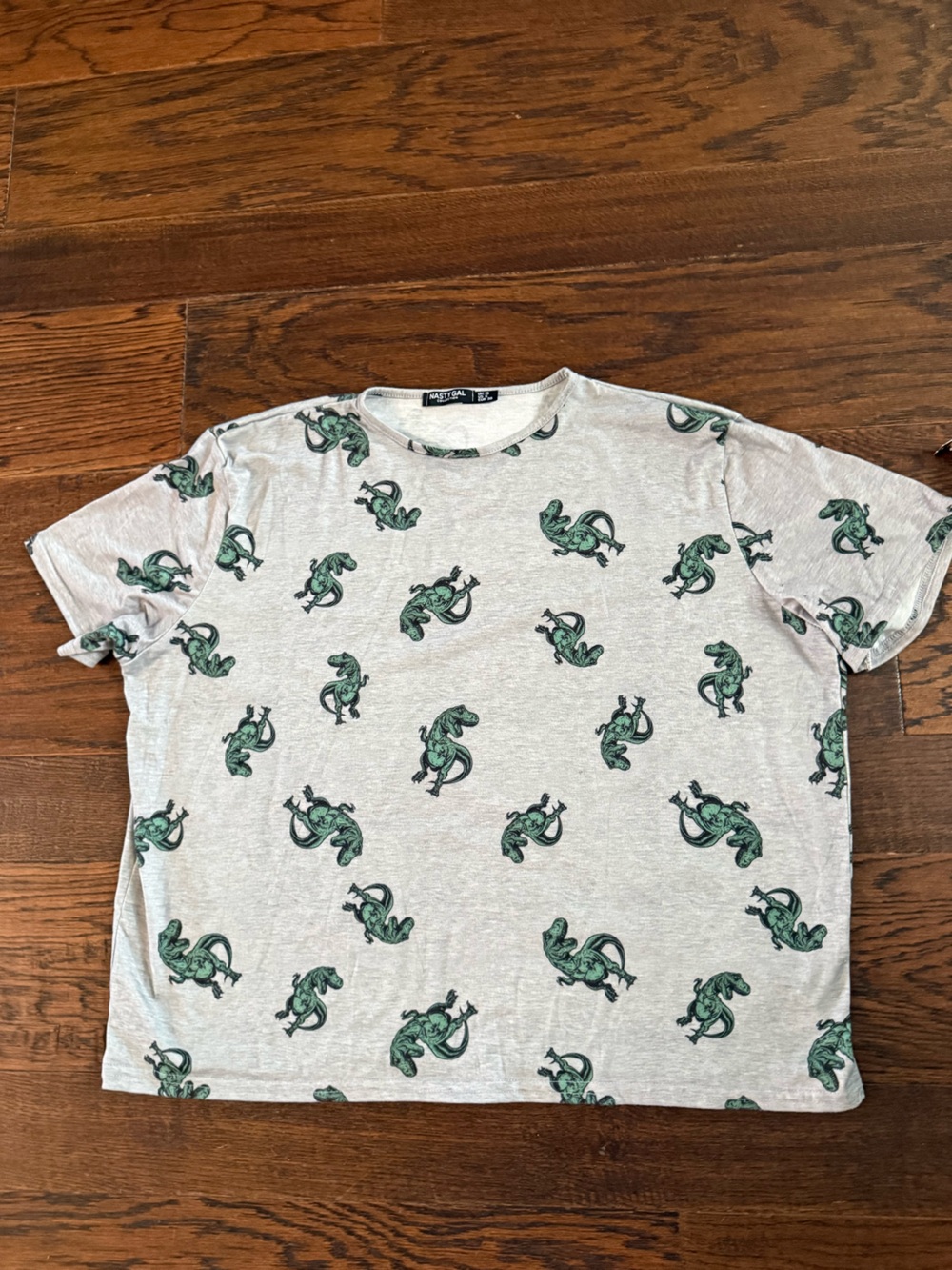 Women’s Nasty Gal  Gray Tee with T-Rex Green Dinosaur Print from UK size 6